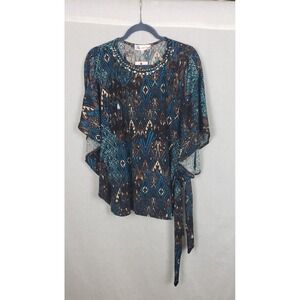 Jorge Perez Embellished Neck Kaftan Tunic Top Teal Brown Geometric‎ Print Sash